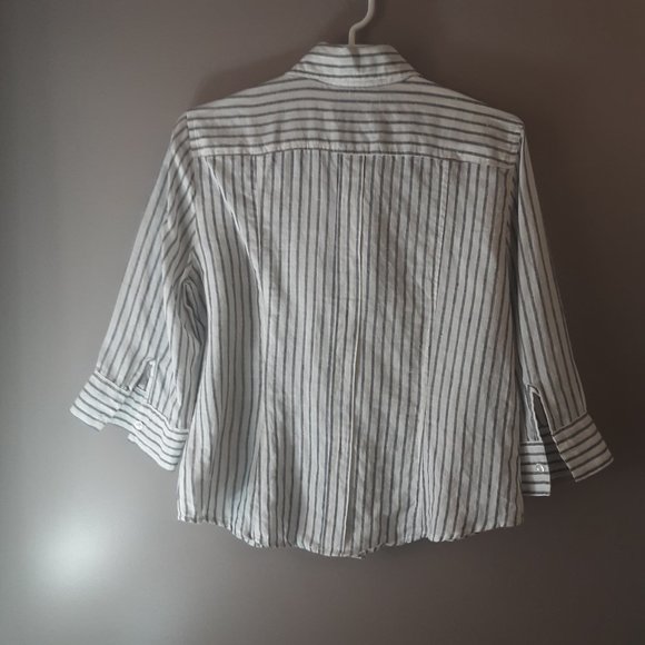 Puli 100% Linen White Grey Pinstripe Button Up Shirt Blouse, Size Large - Picture 7 of 13